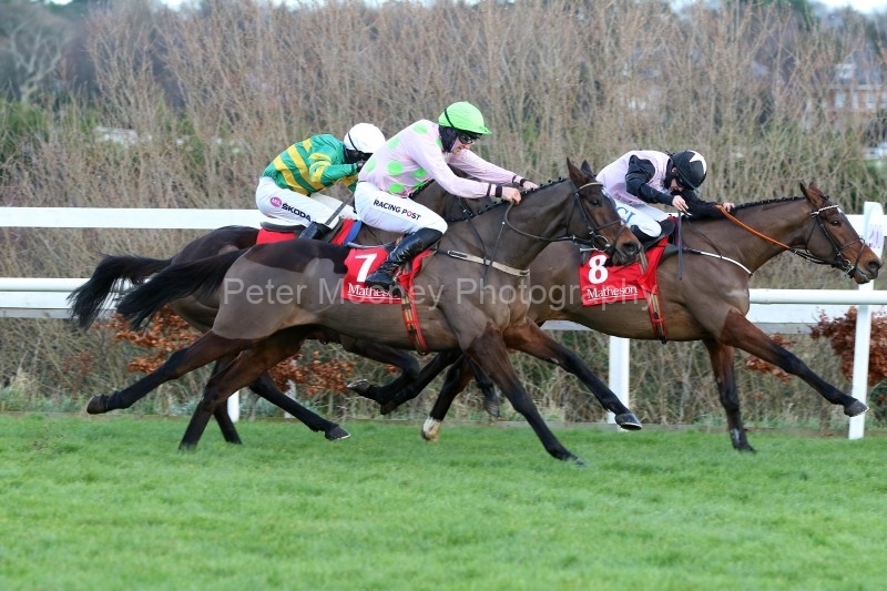 29 December 2020;  Eventual winner, Sharjah, Patrick Mullins up, nearside, is slightly adrift of runner-up, Aspire Tower, Rachael Blackmore up, before claiming The Matheson Hurdle at Leopardstown.  © Peter Mooney, 59 Upper George's Street, Dun Laoghaire, Co. Dublin, A96 H2R3, Ireland  Tel: 00 353 (0)86 2589298