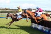 5 April 2021;   Freewheelin Dylan, ridden by Ricky Doyle, leads Run Wild Fred, Jack Kennedy up, over the final obstacle before claiming The BoyleSports Irish Grand National Steeplechase at Fairyhouse.  © Peter Mooney, 59 Upper George's Street, Dun Laoghaire, Co. Dublin, A96 H2R3, Ireland  Tel: 00 353 (0)86 2589298
