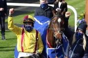 5 April 2021;  Ricky Doyle and Molly O'Connor celebrate the success of Freewheelin Dylan, ridden by Ricky Doyle, leads Run Wild Fred, Jack Kennedy up, over the final obstacle before claiming in The BoyleSports Irish Grand National Steeplechase at Fairyhouse.  © Peter Mooney, 59 Upper George's Street, Dun Laoghaire, Co. Dublin, A96 H2R3, Ireland  Tel: 00 353 (0)86 2589298