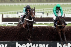 13 March 2019;  ALTIOR, Nico de Boinville up, left, jumps the final fence with third-placed, Sceau Royal, Daryl Jacob up, before winning The Betway Queen Mother Champion Steeple Chase at Cheltenham.      © Peter Mooney, 59 Upper George's Street, Dun Laoghaire, Co. Dublin, Ireland.    Tel:  00 353 (0)86 2589298