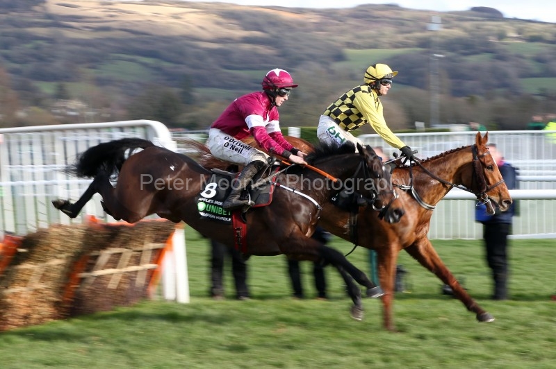 12 March 2019;    Melon, Paul Townend up, far side, and Apple's Jade, Jack Kennedy up, clear the first flight during the staging of The Unibet Champion Hurdle Challenge Trophy at Cheltenham.      © Peter Mooney, 59 Upper George's Street, Dun Laoghaire, Co. Dublin A96 H2R3, Ireland.    Tel:  00 353 (0)86 2589298