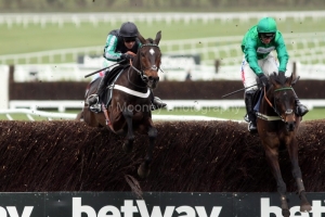 13 March 2019;  ALTIOR, Nico de Boinville up, left, jumps the final fence with third-placed, Sceau Royal, Daryl Jacob up, before winning The Betway Queen Mother Champion Steeple Chase at Cheltenham.      © Peter Mooney, 59 Upper George's Street, Dun Laoghaire, Co. Dublin, Ireland.    Tel:  00 353 (0)86 2589298