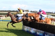 5 April 2021;   Freewheelin Dylan, ridden by Ricky Doyle, leads Run Wild Fred, Jack Kennedy up, over the final obstacle before claiming The BoyleSports Irish Grand National Steeplechase at Fairyhouse.  © Peter Mooney, 59 Upper George's Street, Dun Laoghaire, Co. Dublin, A96 H2R3, Ireland  Tel: 00 353 (0)86 2589298