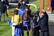 5 April 2021;  Ricky Doyle, Molly O'Connor and Dermot McLoughlin celebrate the success of Freewheelin Dylan, ridden by Ricky Doyle, leads Run Wild Fred, Jack Kennedy up, over the final obstacle before claiming in The BoyleSports Irish Grand National Steeplechase at Fairyhouse.  © Peter Mooney, 59 Upper George's Street, Dun Laoghaire, Co. Dublin, A96 H2R3, Ireland  Tel: 00 353 (0)86 2589298