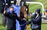 5 April 2021;   Dermot McLoughlin and Molly O'Connor, celebrate the success of Freewheelin Dylan, ridden by Ricky Doyle, leads Run Wild Fred, Jack Kennedy up, over the final obstacle before claiming in The BoyleSports Irish Grand National Steeplechase at Fairyhouse.  © Peter Mooney, 59 Upper George's Street, Dun Laoghaire, Co. Dublin, A96 H2R3, Ireland  Tel: 00 353 (0)86 2589298