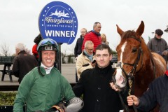 23 February 2019;  Robbie Power and Padraig Roche with WAY BACK HOME after their success in The Winning Fair Juvenile Hurdle at Fairyhouse.      © Peter Mooney 59 Upper George's Street, Dun Laoghaire, Co. Dublin, A96 H2R3, Ireland.    Tel:  00 353 (0)86 2589298