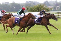 1 July 2020; Blackcatblackitten, Declan McDonogh up, defeating Toora Loora, Shane Foley up, in The Irish Stallion Farms European Breeders Fund Median Auction Fillies Maiden at Leopardstown.© Peter Mooney, 59 Upper George's Street, Dun Laoghaire, Co. Dublin, A96 H2R3, Ireland  Tel: 00 353 (0)86 2589298