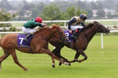 1 July 2020; Blackcatblackitten, Declan McDonogh up, defeating Toora Loora, Shane Foley up, in The Irish Stallion Farms European Breeders Fund Median Auction Fillies Maiden at Leopardstown.© Peter Mooney, 59 Upper George's Street, Dun Laoghaire, Co. Dublin, A96 H2R3, Ireland  Tel: 00 353 (0)86 2589298