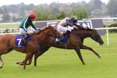 1 July 2020; Blackcatblackitten, Declan McDonogh up, defeating Toora Loora, Shane Foley up, in The Irish Stallion Farms European Breeders Fund Median Auction Fillies Maiden at Leopardstown.© Peter Mooney, 59 Upper George's Street, Dun Laoghaire, Co. Dublin, A96 H2R3, Ireland  Tel: 00 353 (0)86 2589298