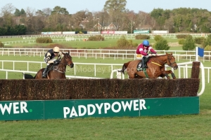 3 February 2019;  Eventual winner, BELLSHILL, Ruby Walsh up, left, are adrift of runner-up, Road To Respect, Sean Flanagan up, as they jump the final fence in The Unibet Irish Gold Cup at Leopardstown.      © Peter Mooney, 59 Upper George's Street, Dun Laoghaire, Co. Dublin, Ireland.    Tel:  00 353 (0)86 2589298