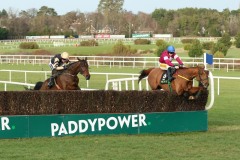 3 February 2019;  Eventual winner, BELLSHILL, Ruby Walsh up, left, are adrift of runner-up, Road To Respect, Sean Flanagan up, as they jump the final fence in The Unibet Irish Gold Cup at Leopardstown.      © Peter Mooney, 59 Upper George's Street, Dun Laoghaire, Co. Dublin, Ireland.    Tel:  00 353 (0)86 2589298