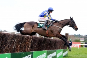 7 February 2021; Kemboy and Danny Mullins jump a fence before landing The Paddy Power Irish Gold Cup at Leopardstown.  © Peter Mooney, 59 Upper George's Street, Dun Laoghaire, Co. Dublin, A96 H2R3, Ireland  Tel: 00 353 (0)86 2589298