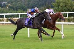 8 August 2019;   CORMORANT, Seamie Heffernan up, nearside, just overcomes Agitare, Kevin Manning up, to claim The Irish Stallion Farms European Breeders Fund Maiden at Leopardstown.      © Peter Mooney, 59 Upper George's Street, Dun Laoghaire, Co. Dublin, Ireland.    Tel:  00 353 (0)86 2589298