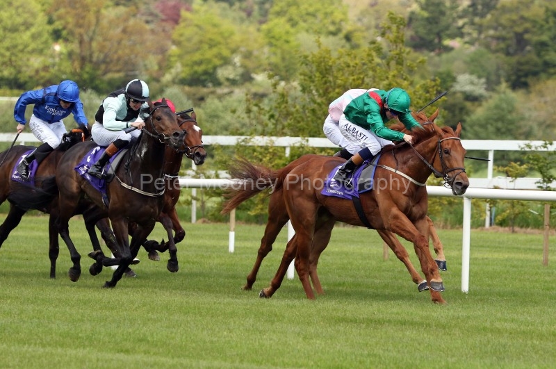 12 May 2019;  BALADIYA, Chris Hayes up, defeating Royal Court, Donnacha O'Brien up, and Super Treat, Oisin Orr up, quartered cap, in The Walsh Associates Architects Maiden at Leopardstown.      © Peter Mooney, 59 Upper George's Street, Dun Laoghaire, Co. Dublin, Ireland.    Tel:  00 353 (0)86 2589298