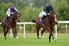 25 July 2019;   ARMORY and Ryan Moore run out convincing victors over stable companion, Toronto, Donnacha O'Brien up, in The Japan Racing Association Tyros Stakes at Leopardstown.      © Peter Mooney, 59 Upper George's Street, Dun Laoghaire, Co. Dublin, Ireland.    Tel:  00 353 (0)86 2589298