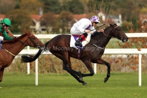 27 October 2018;    GUARANTEED, Kevin Manning up, check cap, holds the challenge of Masaff, Declan McDonogh up, to land The tote.com Eyrefield Stakes at Leopardstown.      © Peter Mooney, 59 Upper George's Street, Dun Laoghaire, Co. Dublin, Ireland.    Tel:  00 353 (0)86 2589298
