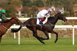 27 October 2018;    GUARANTEED, Kevin Manning up, check cap, holds the challenge of Masaff, Declan McDonogh up, to land The tote.com Eyrefield Stakes at Leopardstown.      © Peter Mooney, 59 Upper George's Street, Dun Laoghaire, Co. Dublin, Ireland.    Tel:  00 353 (0)86 2589298