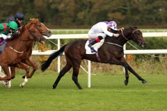 27 October 2018;    GUARANTEED, Kevin Manning up, check cap, holds the challenge of Masaff, Declan McDonogh up, to land The tote.com Eyrefield Stakes at Leopardstown.      © Peter Mooney, 59 Upper George's Street, Dun Laoghaire, Co. Dublin, Ireland.    Tel:  00 353 (0)86 2589298
