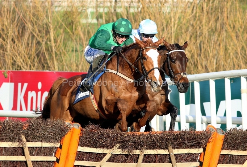 29 December 2020; Concertista and Paul Townend lead Minella Melody, Rachael Blackmore up, over the final obstacle before winning The Advent Insurance Irish European Breeders Fund Mares Hurdle at Leopardstown.  © Peter Mooney, 59 Upper George's Street, Dun Laoghaire, Co. Dublin, A96 H2R3, Ireland  Tel: 00 353 (0)86 2589298