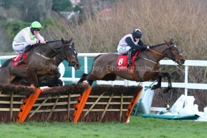 29 December 2020;  Eventual winner, Sharjah, Patrick Mullins up, nearside, is slightly adrift of runner-up, Aspire Tower, Rachael Blackmore up, as they clear the final flight in The Matheson Hurdle at Leopardstown.  © Peter Mooney, 59 Upper George's Street, Dun Laoghaire, Co. Dublin, A96 H2R3, Ireland  Tel: 00 353 (0)86 2589298