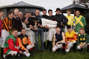 3 November 2019;  Donnacha O'Brien is surrounded by his colleagues after he had been presented with his trophy to mark winning The Jockey's Championship at Naas.      © Peter Mooney, 59 Upper George's Street, Dun Laoghaire, Co. Dublin, Ireland.    Tel:  00 353 (0)86 2589298