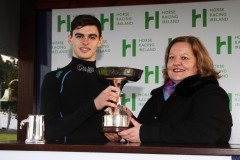 3 November 2019;  Donnacha O'Brien is presented with his trophy to mark winning The Jockey's Championship by Suzanne Eade, chief financial officer of Horse Racing Ireland at Naas.      © Peter Mooney, 59 Upper George's Street, Dun Laoghaire, Co. Dublin, Ireland.    Tel:  00 353 (0)86 2589298