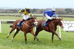 4 November 2018;   NADHEER, Shane Crosse up, right, holds the challenge of Johnny Drama, Colin Keane up, to claim The JF Dunne Insurances Maiden at Naas.      © Peter Mooney, 59 Upper George's Street, Dun Laoghaire, Co. Dublin, Ireland.    Tel:  00 353 (0)86 2589298
