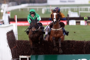 8 March 2020;   Royal Rendezvous, Danny Mullins up, left, jumps the final fence alongside, third-placed, Gallant John Joe, Barry Browne up, before claiming The Naas Directors Plate Novice Steeplechase at Naas.      © Peter Mooney, 59 Upper George's Street, Dun Laoghaire, Co. Dublin A96 H2R3, Ireland.    Tel:  00 353 (0)86 2589298