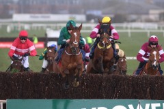 8 March 2020;   Eventual winner, Cap York, Eoin Walsh up, second right, is headed over an obstacle by runner-up, Cheb De Kerviniou, Rachael Blackmore up, during The MansionBet 'GetItReady' For Cheltenham Leinster National Handicap Steeplechase at Naas.      © Peter Mooney, 59 Upper George's Street, Dun Laoghaire, Co. Dublin A96 H2R3, Ireland.    Tel:  00 353 (0)86 2589298
