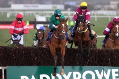 8 March 2020;   Eventual winner, Cap York, Eoin Walsh up, second right, is headed over an obstacle by runner-up, Cheb De Kerviniou, Rachael Blackmore up, during The MansionBet 'GetItReady' For Cheltenham Leinster National Handicap Steeplechase at Naas.      © Peter Mooney, 59 Upper George's Street, Dun Laoghaire, Co. Dublin A96 H2R3, Ireland.    Tel:  00 353 (0)86 2589298