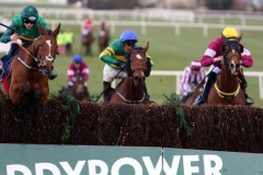 8 March 2020;   Eventual winner, Cap York, Eoin Walsh up, right, is led over the final obstacle by runner-up, Cheb De Kerviniou, Rachael Blackmore up, left, before landing The MansionBet 'GetItReady' For Cheltenham Leinster National Handicap Steeplechase at Naas.      © Peter Mooney, 59 Upper George's Street, Dun Laoghaire, Co. Dublin A96 H2R3, Ireland.    Tel:  00 353 (0)86 2589298