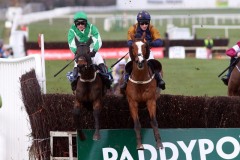8 March 2020;   Royal Rendezvous, Danny Mullins up, left, jumps the final fence alongside, third-placed, Gallant John Joe, Barry Browne up, before claiming The Naas Directors Plate Novice Steeplechase at Naas.      © Peter Mooney, 59 Upper George's Street, Dun Laoghaire, Co. Dublin A96 H2R3, Ireland.    Tel:  00 353 (0)86 2589298