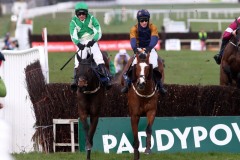 8 March 2020;   Royal Rendezvous, Danny Mullins up, left, jumps the final fence alongside, third-placed, Gallant John Joe, Barry Browne up, before claiming The Naas Directors Plate Novice Steeplechase at Naas.      © Peter Mooney, 59 Upper George's Street, Dun Laoghaire, Co. Dublin A96 H2R3, Ireland.    Tel:  00 353 (0)86 2589298