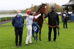 1 Novemberber 2020; Storm Legend and Chris Hayes after they had given John Oxx his final training success in The Irish Stallion Farms European Breeders Fund Maiden at Naas. © Peter Mooney, 59 Upper George's Street, Dun Laoghaire, Co. Dublin, A96 H2R3, Ireland  Tel: 00 353 (0)86 2589298