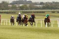13 April 2019;  MONARCH OF EGYPT, Ryan Moore up, defeatin Ming Warrior, Leigh Roche up, second right, in The Irish Stallion Farms European Breeders Fund Race at Naas.      © Peter Mooney, 59 Upper George's Street, Dun Laoghaire, Co. Dublin, Ireland.    Tel:  00 353 (0)86 2589298