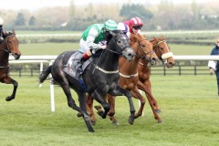 13 April 2019;   REAL FORCE, Killian Leonard up, nearside, defeating, Shining Forth, Conor Hoban up, centre, and Capel At Dawn, Leigh Roche up, in The Foran Equine Irish European Breeders Fund Auction Maiden at Naas.      © Peter Mooney, 59 Upper George's Street, Dun Laoghaire, Co. Dublin, Ireland.    Tel:  00 353 (0)86 2589298