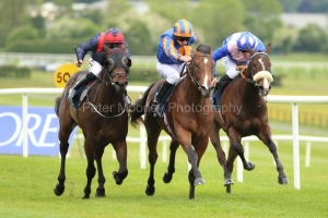 19 May 2019;  PISTOLETTO and Ryan Moore, centre, overcome Red Epaulette, Leigh Roche, left, and Windham Belle, Billy Lee up, to win The Coolmore Gustav Klimt Race at Naas.      © Peter Mooney, 59 Upper George's Street, Dun Laoghaire, Co. Dublin, Ireland.    Tel:  00 353 (0)86 2589298