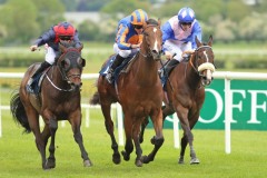19 May 2019;  PISTOLETTO and Ryan Moore, centre, overcome Red Epaulette, Leigh Roche, left, and Windham Belle, Billy Lee up, to win The Coolmore Gustav Klimt Race at Naas.      © Peter Mooney, 59 Upper George's Street, Dun Laoghaire, Co. Dublin, Ireland.    Tel:  00 353 (0)86 2589298