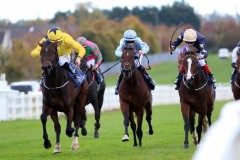 20 October 2019;  FOR THE TREES, Shane Foley riding, left, defeating Champers Elysees, Andrew Slattery up, right, and Latin Five, Mikey Sheehy up, centre, The Tally-Ho Stud Irish European Breeders Fund Birdcatcher Premier Nursery Handicap at Naas.      © Peter Mooney, 59 Upper George's Street, Dun Laoghaire, Co. Dublin, Ireland.    Tel:  00 353 (0)86 2589298