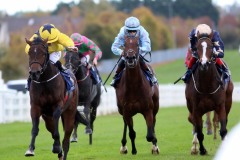 20 October 2019;  FOR THE TREES, Shane Foley riding, left, defeating Champers Elysees, Andrew Slattery up, right, and Latin Five, Mikey Sheehy up, centre, The Tally-Ho Stud Irish European Breeders Fund Birdcatcher Premier Nursery Handicap at Naas.      © Peter Mooney, 59 Upper George's Street, Dun Laoghaire, Co. Dublin, Ireland.    Tel:  00 353 (0)86 2589298