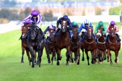 20 October 2019;   HONG KONG, ridden by Donnacha O'Brien, striped sleeves, storms to victory in The Tifrums Irish European Breeders Fund Maiden at Naas.      © Peter Mooney, 59 Upper George's Street, Dun Laoghaire, Co. Dublin, Ireland.    Tel:  00 353 (0)86 2589298