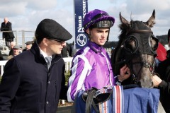 20 October 2019;  Trainer, Aidan O'Brien, and rider, Donnacha O'Brien, with HONG KONG, after their success in The Tifrums Irish European Breeders Fund Maiden at Naas.      © Peter Mooney, 59 Upper George's Street, Dun Laoghaire, Co. Dublin, Ireland.    Tel:  00 353 (0)86 2589298