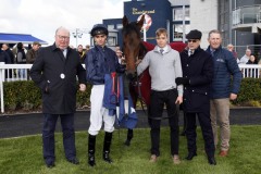 20 October 2019;  Left to right: Christy Grassick, Donnacha O'Brien, Shane O'Brien, Aidan O'Brien and Pat Keating with LOVE LOCKET after their success in The Irish Stallion Farms European Breeders Fund Fillies Maiden at Naas.      © Peter Mooney, 59 Upper George's Street, Dun Laoghaire, Co. Dublin, Ireland.    Tel:  00 353 (0)86 2589298
