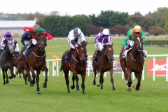 20 October 2019;  SOLAGE, Kevin Manning riding, right defeating Warnaq, Colin Keane up, second left, and Camphor, Shane Foley up, left, in The Irish Stallion Farms European Breeders Fund Bluebell Stakes at Naas.      © Peter Mooney, 59 Upper George's Street, Dun Laoghaire, Co. Dublin, Ireland.    Tel:  00 353 (0)86 2589298