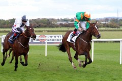 20 October 2019;  SOLAGE, Kevin Manning riding, right defeating Warnaq, Colin Keane up, in The Irish Stallion Farms European Breeders Fund Bluebell Stakes at Naas.      © Peter Mooney, 59 Upper George's Street, Dun Laoghaire, Co. Dublin, Ireland.    Tel:  00 353 (0)86 2589298