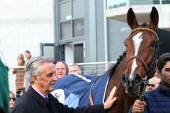 20 October 2019;  Trainer, Jim Bolger with SOLAGE after their victory in The Irish Stallion Farms European Breeders Fund Bluebell Stakes at Naas.      © Peter Mooney, 59 Upper George's Street, Dun Laoghaire, Co. Dublin, Ireland.    Tel:  00 353 (0)86 2589298