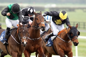 24 February 2019;    LIVINGSTONES QUEST, Brian Kane up, left, defeating Tashman, Conor McNamara up, and Viscount Wilson, Denis O'Regan up, right, in The Profile Systems Supporting Naas RFC Handicap Hurdle at Naas.      © Peter Mooney, 59 Upper George's Street, Dun Laoghaire, Co. Dublin, Ireland.    Tel:  00 353 (0)86 2589298