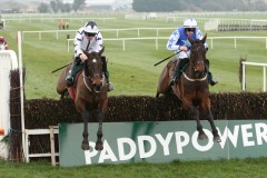 24 February 2019;  CADMIUM, Paul Townend up, right, and runner-up, Doctor Phoenix, Davy Russell up, jump the final fence before winning The WhatOddsPaddy? Steeplechase at Naas.      © Peter Mooney, 59 Upper George's Street, Dun Laoghaire, Co. Dublin, Ireland.    Tel:  00 353 (0)86 2589298