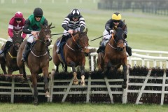 24 February 2019;    LIVINGSTONES QUEST, Brian Kane up, left, jumps the final flight with Tashman, Conor McNamara up, and Viscount Wilson, Denis O'Regan up, right, before winning The Profile Systems Supporting Naas RFC Handicap Hurdle at Naas.      © Peter Mooney, 59 Upper George's Street, Dun Laoghaire, Co. Dublin, Ireland.    Tel:  00 353 (0)86 2589298