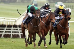 24 February 2019;    LIVINGSTONES QUEST, Brian Kane up, left, defeating Tashman, Conor McNamara up, and Viscount Wilson, Denis O'Regan up, right, in The Profile Systems Supporting Naas RFC Handicap Hurdle at Naas.      © Peter Mooney, 59 Upper George's Street, Dun Laoghaire, Co. Dublin, Ireland.    Tel:  00 353 (0)86 2589298